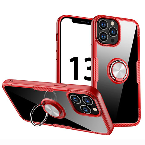 Funda Silicona Ultrafina Carcasa Transparente con Magnetico Anillo de dedo Soporte S01 para Apple iPhone 13 Pro Rojo