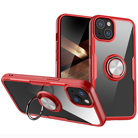 Funda Silicona Ultrafina Carcasa Transparente con Magnetico Anillo de dedo Soporte S01 para Apple iPhone 15 Plus Rojo