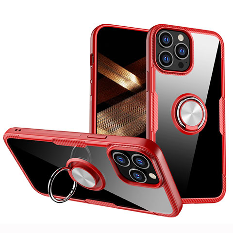 Funda Silicona Ultrafina Carcasa Transparente con Magnetico Anillo de dedo Soporte S01 para Apple iPhone 15 Pro Rojo