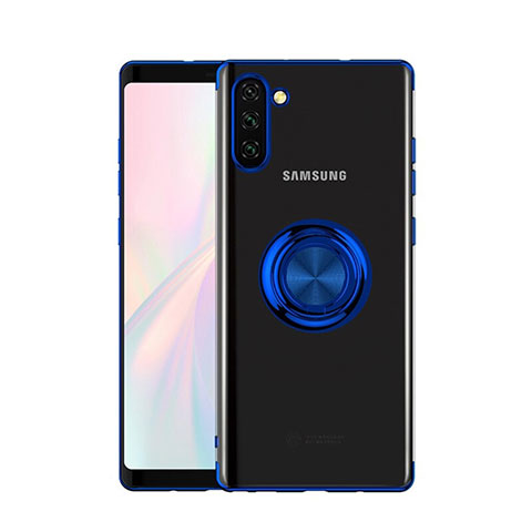 Funda Silicona Ultrafina Carcasa Transparente con Magnetico Anillo de dedo Soporte S01 para Samsung Galaxy Note 10 Azul