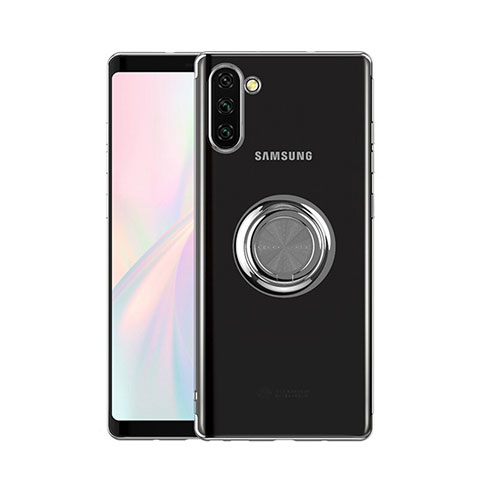 Funda Silicona Ultrafina Carcasa Transparente con Magnetico Anillo de dedo Soporte S01 para Samsung Galaxy Note 10 Plata