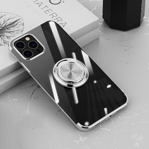 Funda Silicona Ultrafina Carcasa Transparente con Magnetico Anillo de dedo Soporte Z02 para Apple iPhone 16 Pro Max Plata