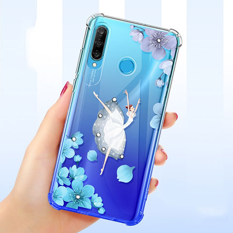 Funda Silicona Ultrafina Carcasa Transparente Flores para Huawei Nova 4e Azul