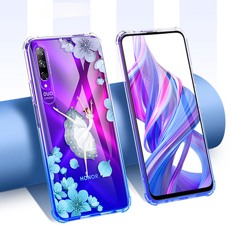 Funda Silicona Ultrafina Carcasa Transparente Flores T01 para Huawei Honor 9X Pro Azul