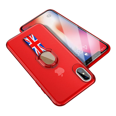 Funda Silicona Ultrafina Goma con Anillo de dedo Soporte T01 para Apple iPhone X Rojo