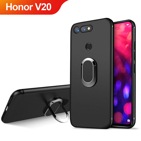 Funda Silicona Ultrafina Goma con Magnetico Anillo de dedo Soporte para Huawei Honor V20 Negro