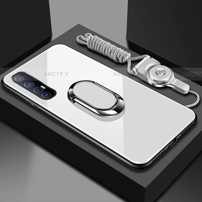 Carcasa Bumper Funda Silicona Espejo con Magnetico Anillo de dedo Soporte A02 para Oppo Reno3 Pro Blanco