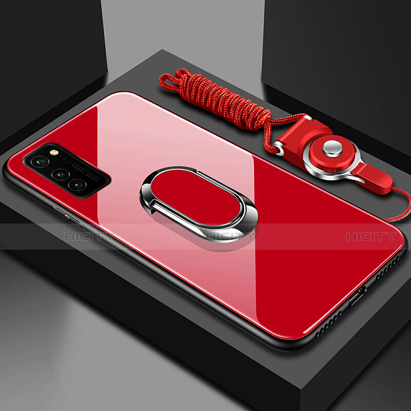 Carcasa Bumper Funda Silicona Espejo con Magnetico Anillo de dedo Soporte para Huawei Honor V30 Pro 5G Rojo