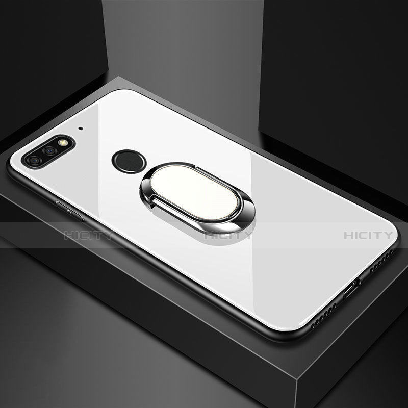 Carcasa Bumper Funda Silicona Espejo con Magnetico Anillo de dedo Soporte para Huawei Y6 (2018) Blanco