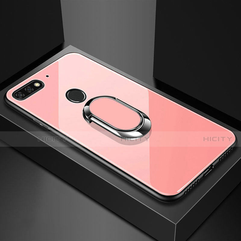 Carcasa Bumper Funda Silicona Espejo con Magnetico Anillo de dedo Soporte para Huawei Y6 (2018) Oro Rosa