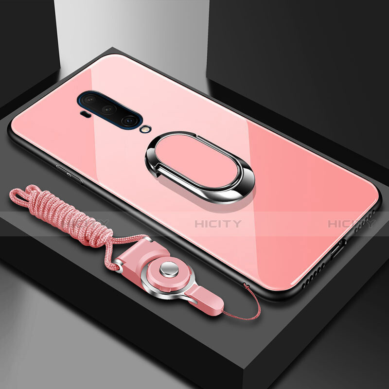 Carcasa Bumper Funda Silicona Espejo con Magnetico Anillo de dedo Soporte para OnePlus 7T Pro 5G Oro Rosa