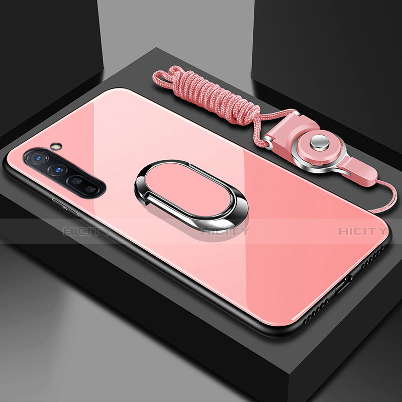 Carcasa Bumper Funda Silicona Espejo con Magnetico Anillo de dedo Soporte para Oppo F15 Rosa