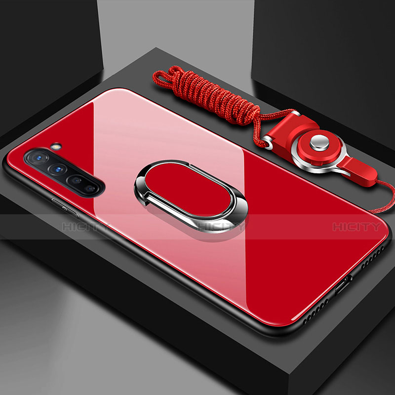 Carcasa Bumper Funda Silicona Espejo con Magnetico Anillo de dedo Soporte para Oppo K7 5G Rojo