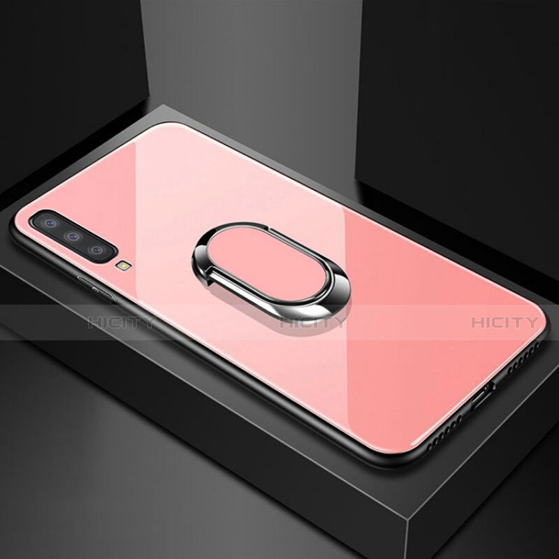 Carcasa Bumper Funda Silicona Espejo con Magnetico Anillo de dedo Soporte para Samsung Galaxy A70 Oro Rosa