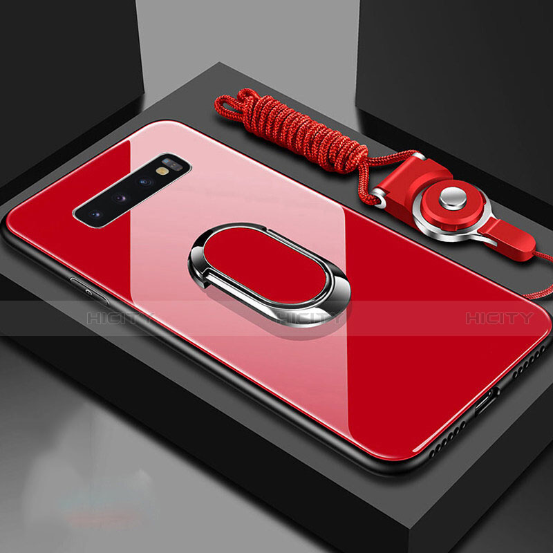 Carcasa Bumper Funda Silicona Espejo con Magnetico Anillo de dedo Soporte para Samsung Galaxy S10 5G Rojo