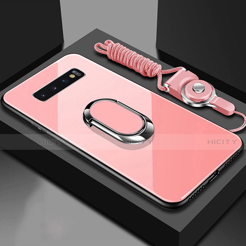 Carcasa Bumper Funda Silicona Espejo con Magnetico Anillo de dedo Soporte para Samsung Galaxy S10 Oro Rosa