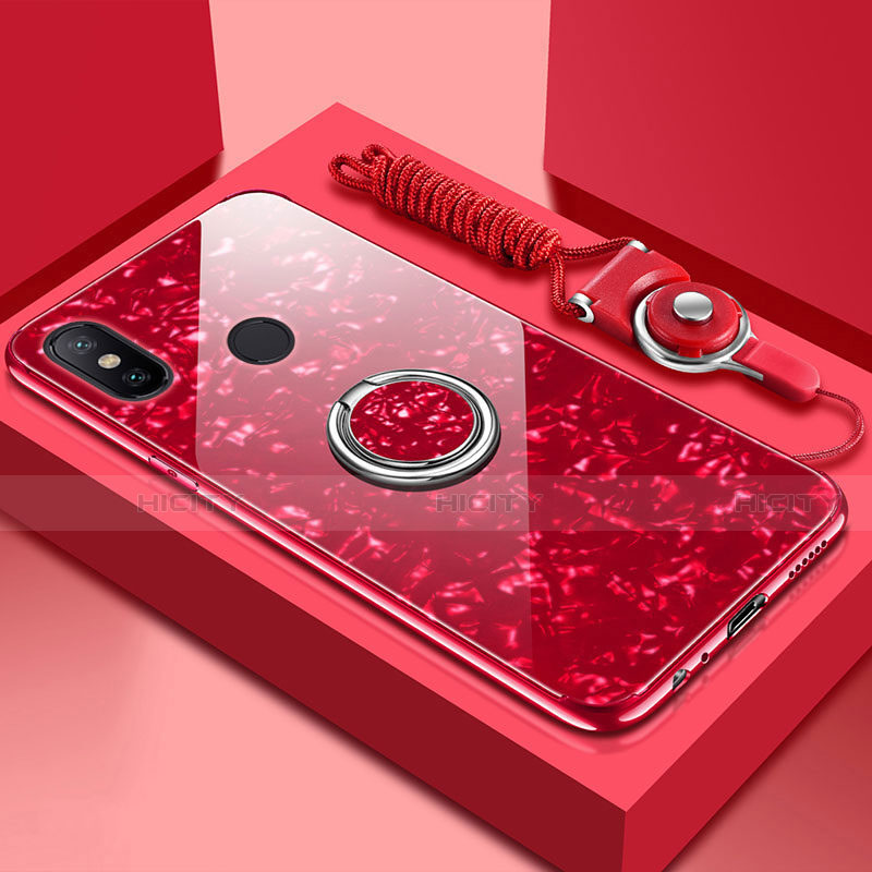 Carcasa Bumper Funda Silicona Espejo con Magnetico Anillo de dedo Soporte para Xiaomi Redmi 6 Pro Rojo