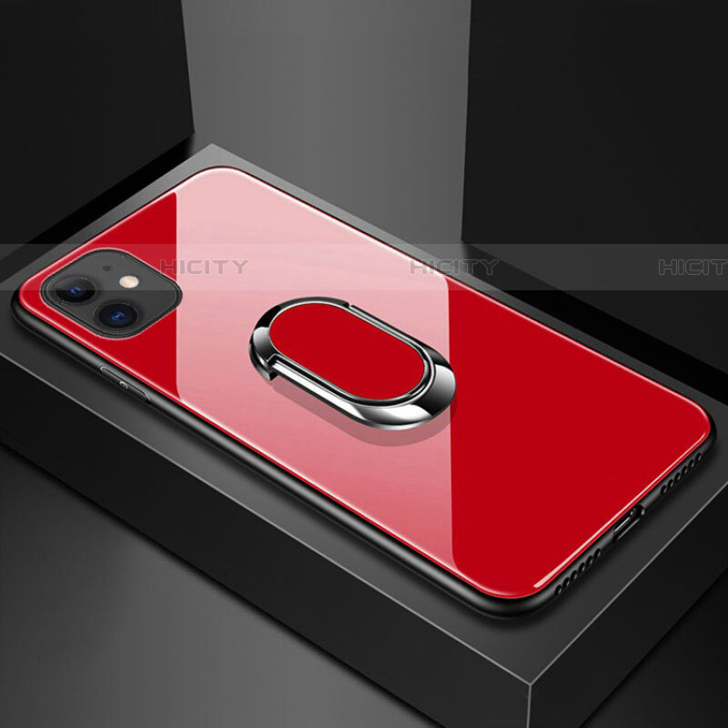 Carcasa Bumper Funda Silicona Espejo con Magnetico Anillo de dedo Soporte T01 para Apple iPhone 11 Rojo