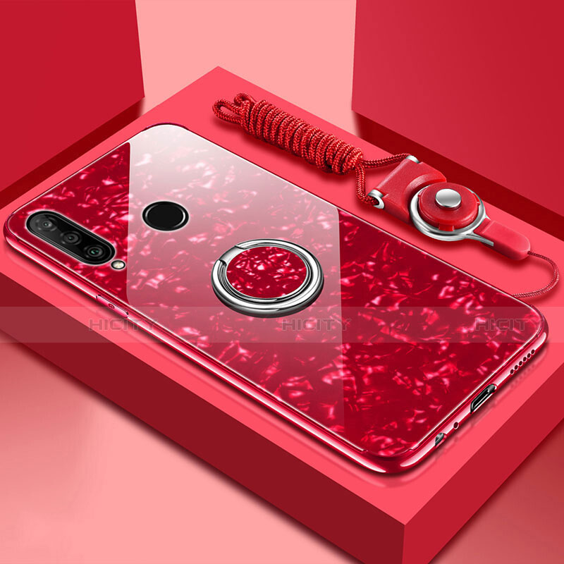 Carcasa Bumper Funda Silicona Espejo con Magnetico Anillo de dedo Soporte T01 para Huawei P30 Lite New Edition Rojo