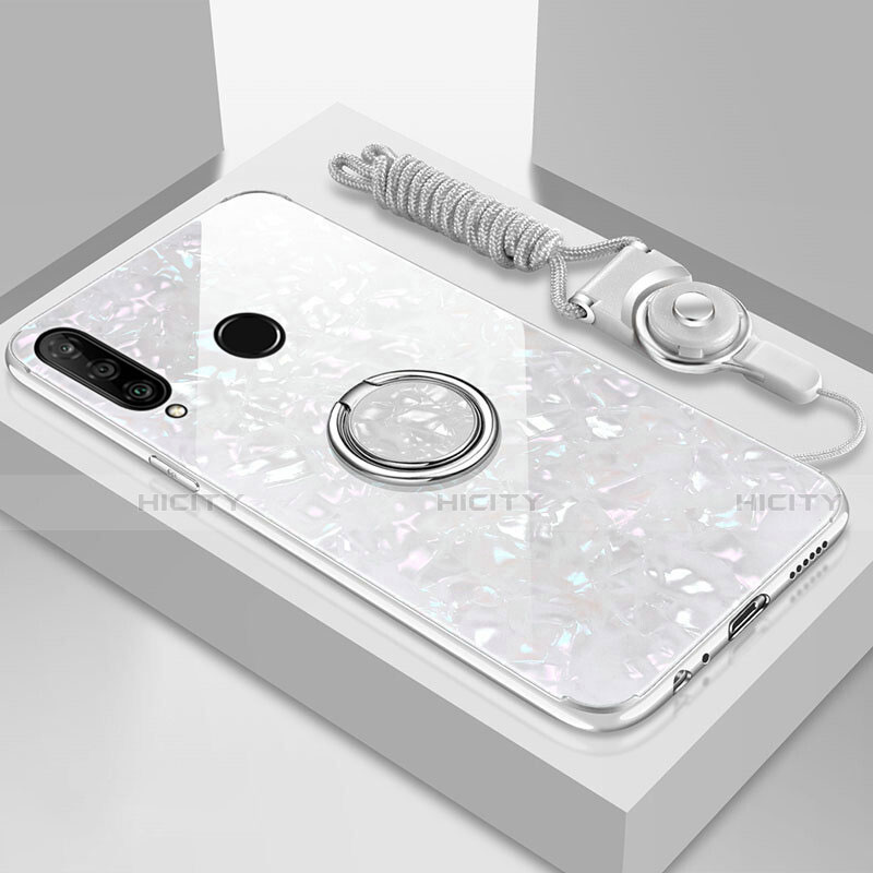 Carcasa Bumper Funda Silicona Espejo con Magnetico Anillo de dedo Soporte T01 para Huawei P30 Lite XL Blanco