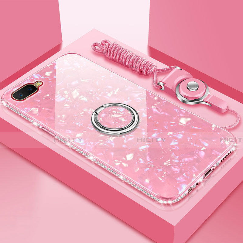 Carcasa Bumper Funda Silicona Espejo con Magnetico Anillo de dedo Soporte T01 para Oppo K1 Rosa