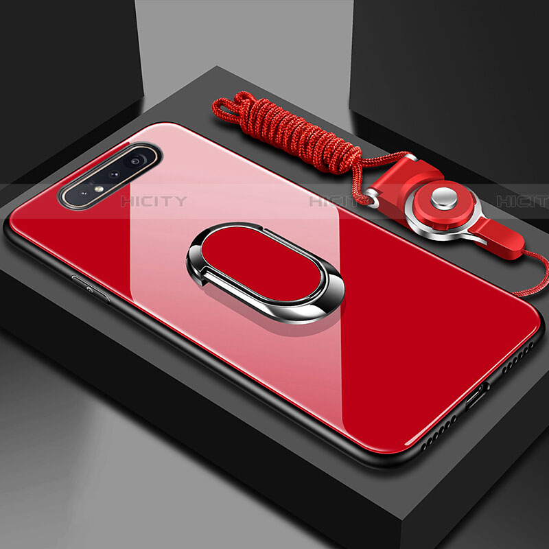 Carcasa Bumper Funda Silicona Espejo con Magnetico Anillo de dedo Soporte T01 para Samsung Galaxy A90 4G Rojo