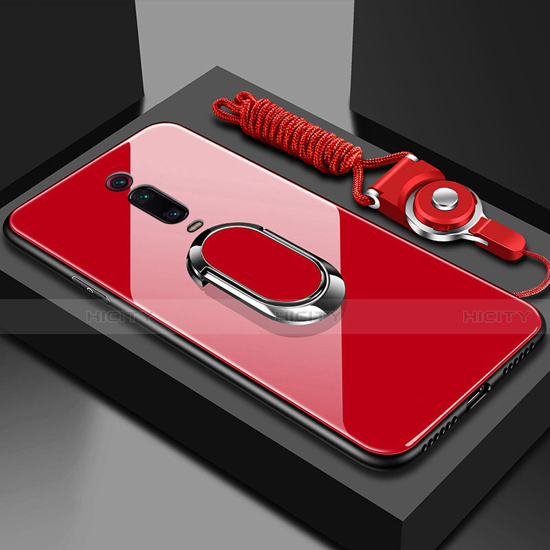 Carcasa Bumper Funda Silicona Espejo con Magnetico Anillo de dedo Soporte T01 para Xiaomi Mi 9T Rojo