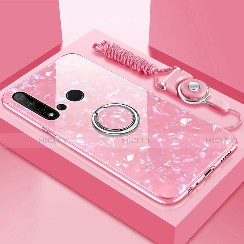 Carcasa Bumper Funda Silicona Espejo con Magnetico Anillo de dedo Soporte T02 para Huawei Nova 5i Rosa