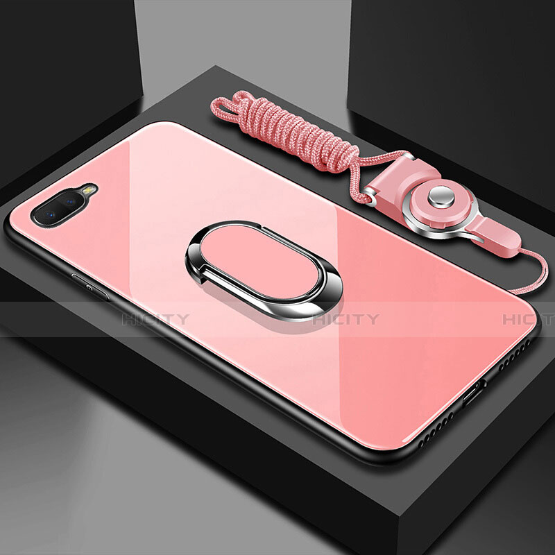 Carcasa Bumper Funda Silicona Espejo con Magnetico Anillo de dedo Soporte T02 para Oppo K1 Rosa