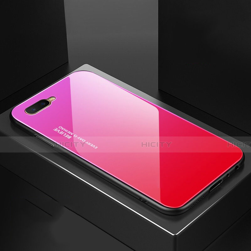 Carcasa Bumper Funda Silicona Espejo Gradiente Arco iris H01 para Oppo R15X Rosa Roja