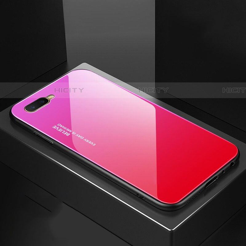 Carcasa Bumper Funda Silicona Espejo Gradiente Arco iris H01 para Oppo RX17 Neo Rosa Roja