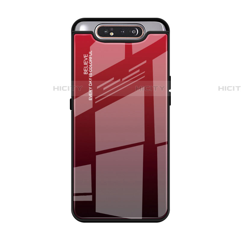 Carcasa Bumper Funda Silicona Espejo Gradiente Arco iris H01 para Samsung Galaxy A80 Rojo