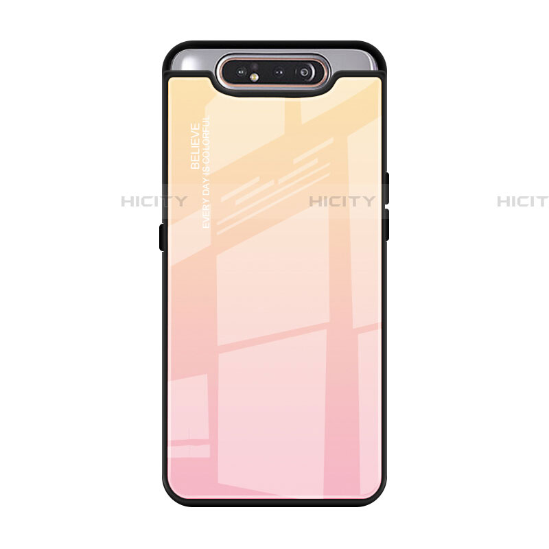 Carcasa Bumper Funda Silicona Espejo Gradiente Arco iris H01 para Samsung Galaxy A80 Rosa