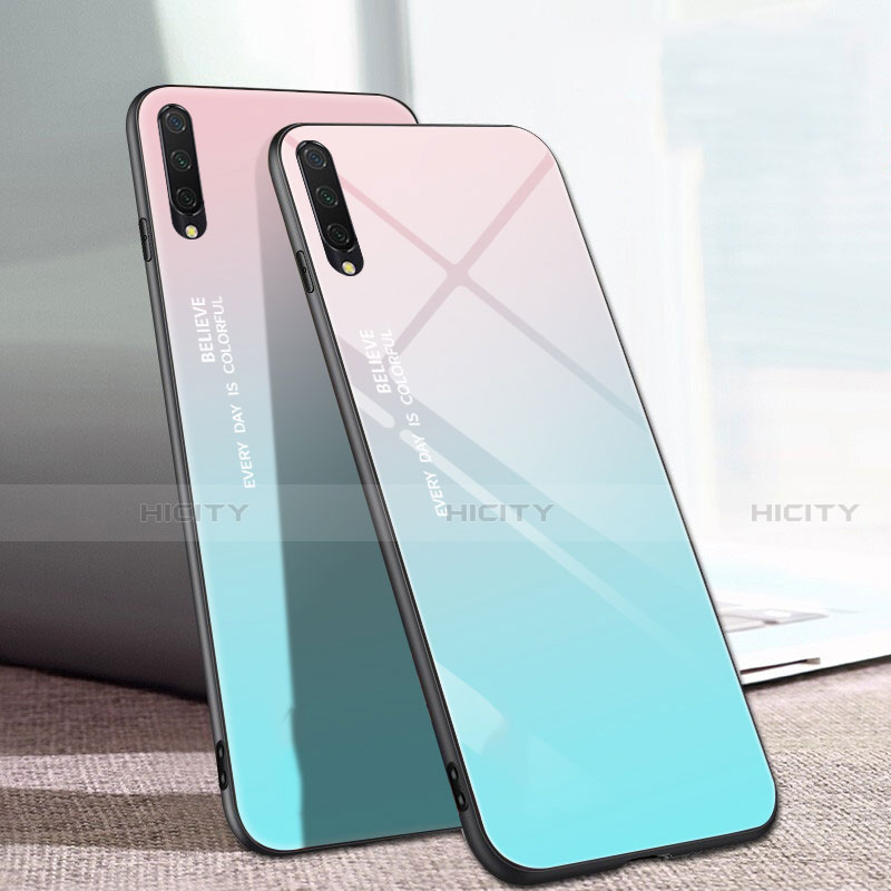 Carcasa Bumper Funda Silicona Espejo Gradiente Arco iris H01 para Xiaomi Mi A3 Cian