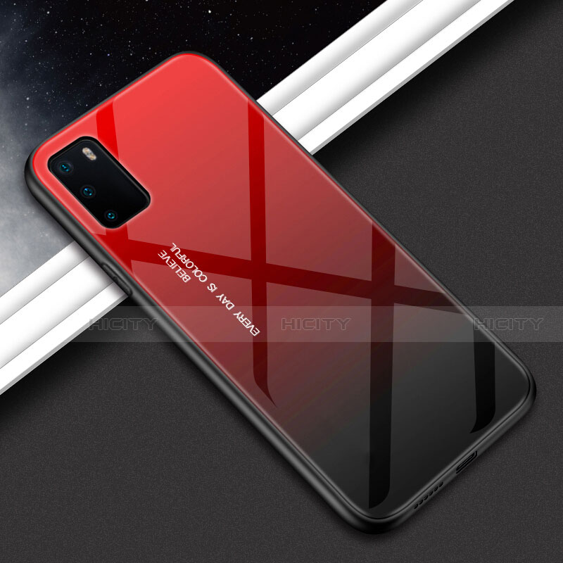 Carcasa Bumper Funda Silicona Espejo Gradiente Arco iris H02 para Huawei Honor V30 5G Rojo