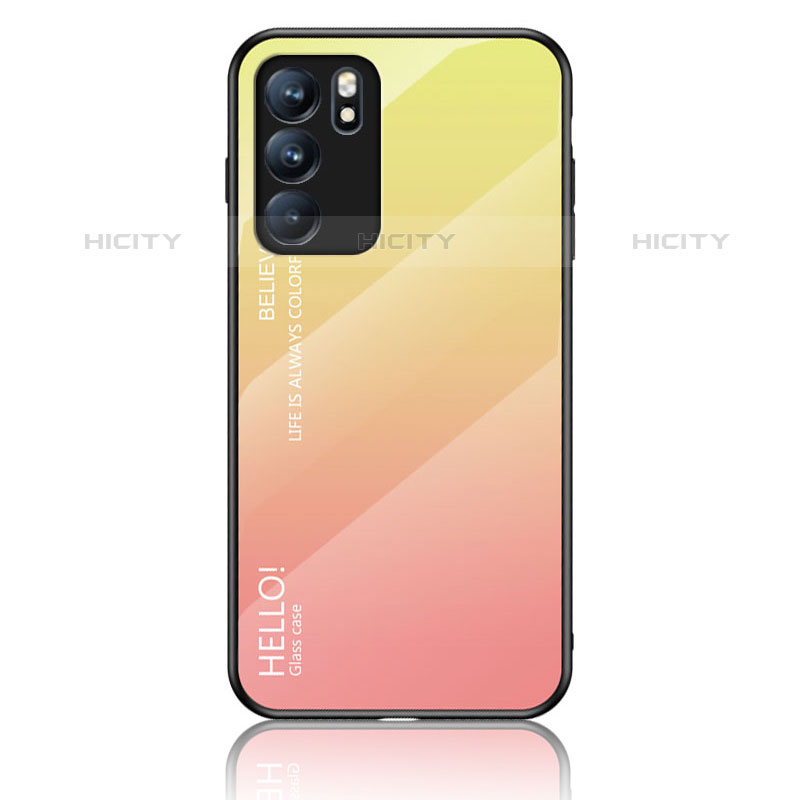 Carcasa Bumper Funda Silicona Espejo Gradiente Arco iris LS1 para Oppo Reno6 5G Amarillo