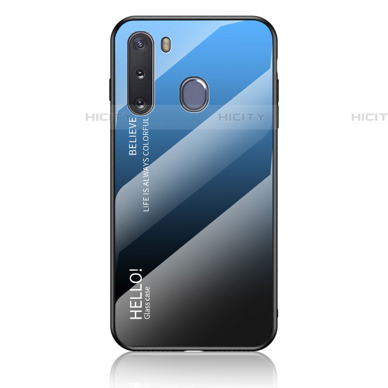 Carcasa Bumper Funda Silicona Espejo Gradiente Arco iris LS1 para Samsung Galaxy A21 European Azul