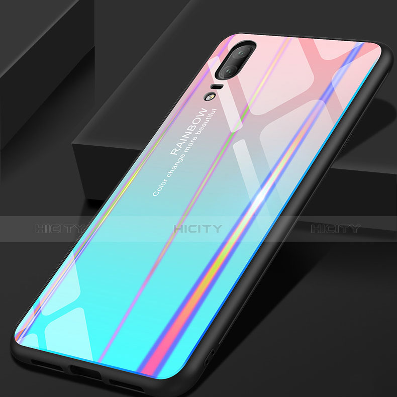 Carcasa Bumper Funda Silicona Espejo Gradiente Arco iris para Huawei P20 Cian