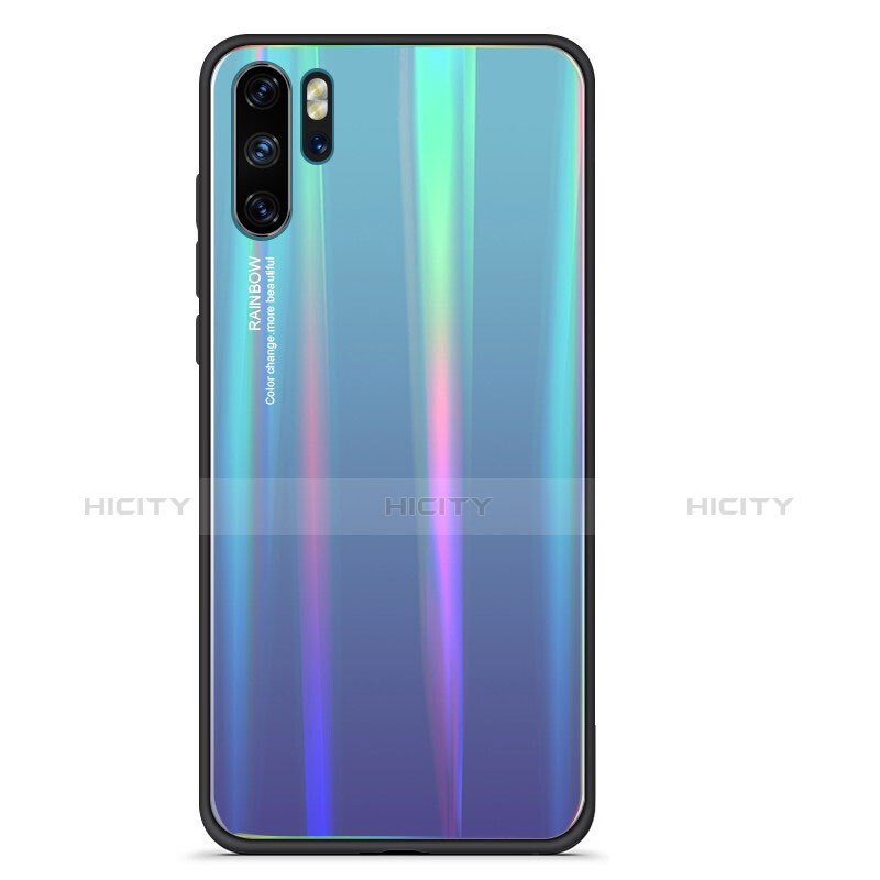 Carcasa Bumper Funda Silicona Espejo Gradiente Arco iris para Huawei P30 Pro Cian