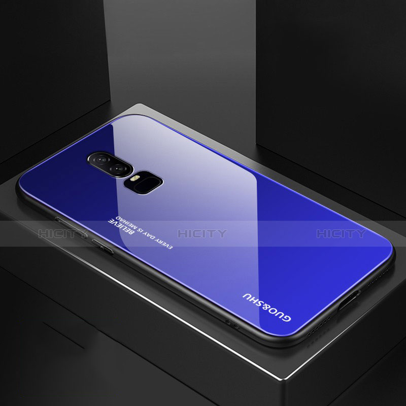 Carcasa Bumper Funda Silicona Espejo Gradiente Arco iris para OnePlus 6 Azul