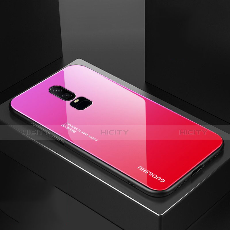 Carcasa Bumper Funda Silicona Espejo Gradiente Arco iris para OnePlus 6 Rosa Roja