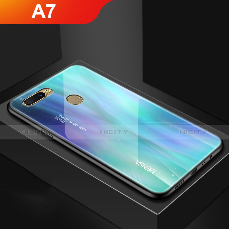 Carcasa Bumper Funda Silicona Espejo Gradiente Arco iris para Oppo A7 Cian