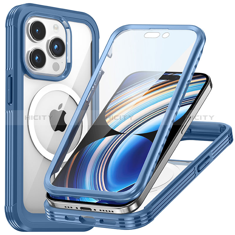 Carcasa Bumper Funda Silicona Transparente 360 Grados con Mag-Safe Magnetic T01 para Apple iPhone 15 Pro Azul