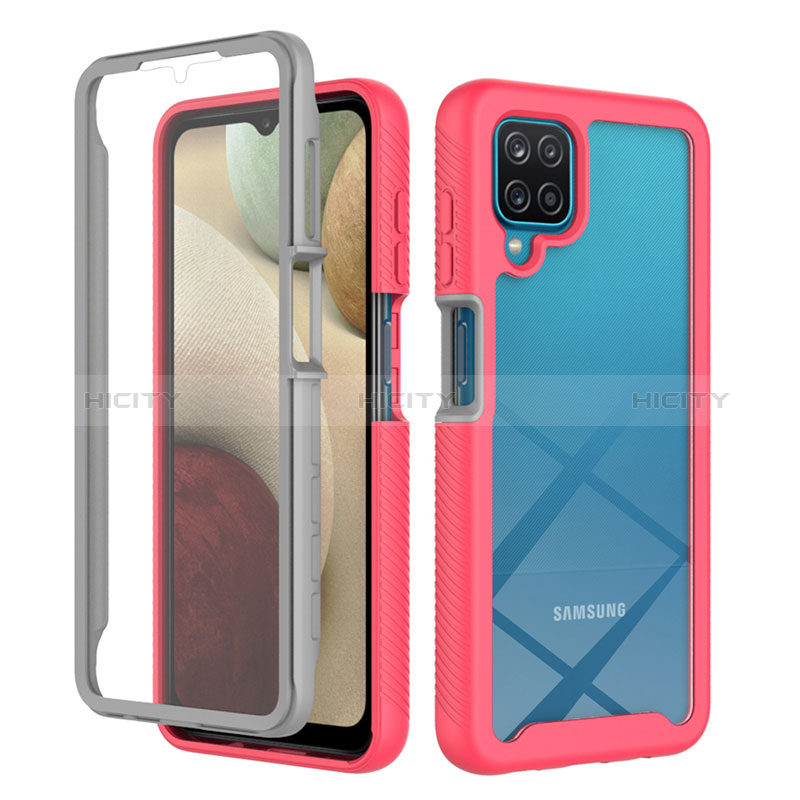 Carcasa Bumper Funda Silicona Transparente 360 Grados ZJ1 para Samsung Galaxy A12 5G Rosa Roja