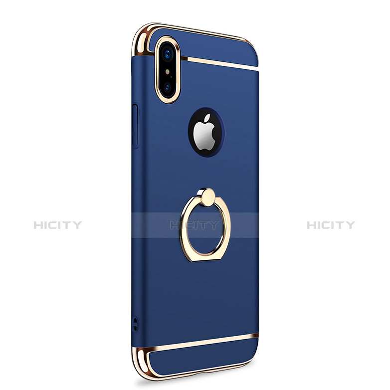 Carcasa Bumper Lujo Marco de Metal y Plastico con Anillo de dedo Soporte F02 para Apple iPhone X Azul