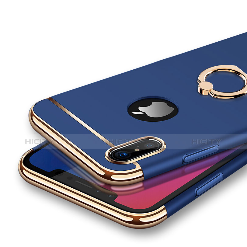 Carcasa Bumper Lujo Marco de Metal y Plastico con Anillo de dedo Soporte F02 para Apple iPhone Xs Azul