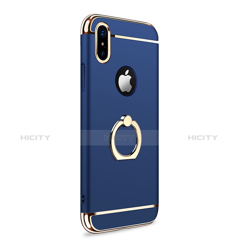 Carcasa Bumper Lujo Marco de Metal y Plastico con Anillo de dedo Soporte F02 para Apple iPhone Xs Azul