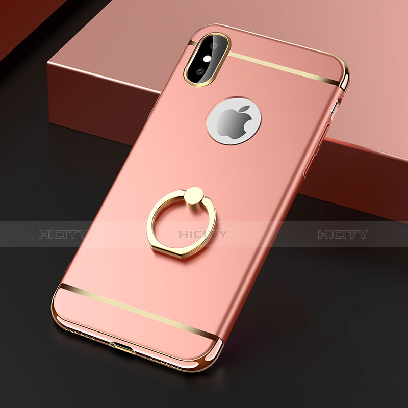 Carcasa Bumper Lujo Marco de Metal y Plastico con Anillo de dedo Soporte F02 para Apple iPhone Xs Oro Rosa