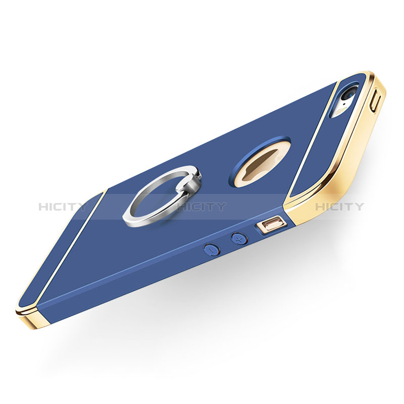 Carcasa Bumper Lujo Marco de Metal y Plastico con Anillo de dedo Soporte para Apple iPhone 5 Azul