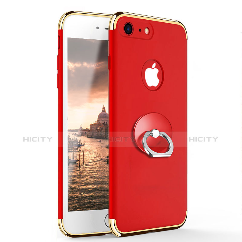 Carcasa Bumper Lujo Marco de Metal y Plastico con Anillo de dedo Soporte para Apple iPhone 7 Rojo